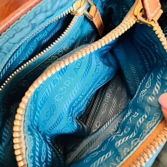 Prada Vintage Beige Mixed Material Multicolor Bag w/Leather Trim & Teal Interior - Picture 8 of 17